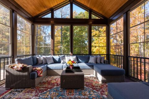 New Modern Screened Room with Patio Furniture, Summertime Woods in the Background